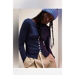 Free People Tilly Long-Sleeve Cardi Blouse Top Knit Ribbed Buttondown Navy XS